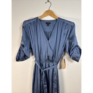 NWT Halogen Vintage Indigo SM blue dress Silver Stripes Belt Retro Button Sleeve
